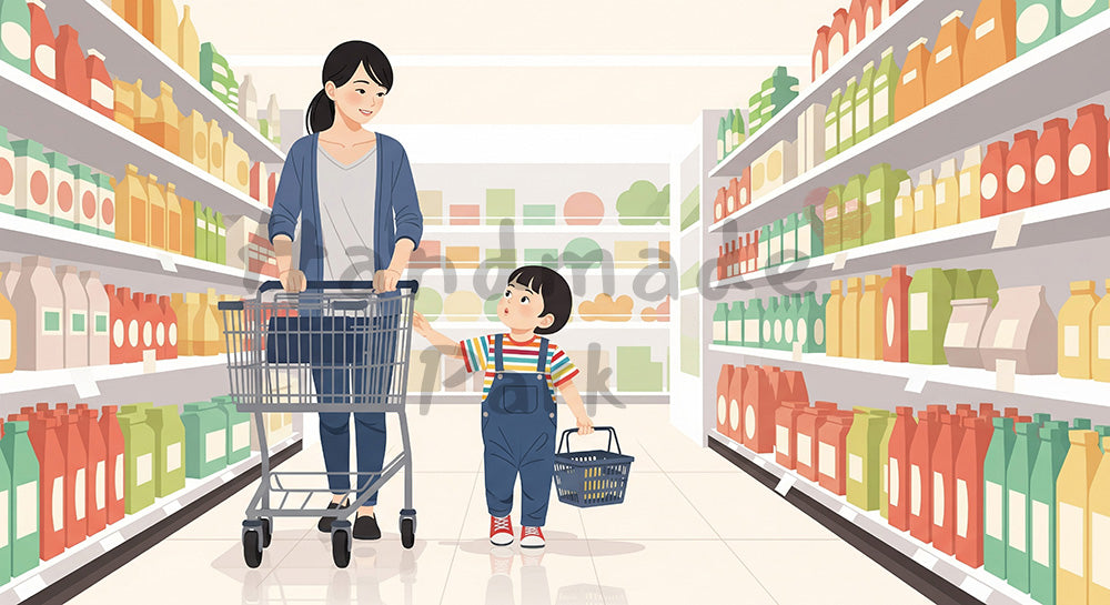 フリー素材 無料 写真｜スーパーでショッピングカートを押しながら子どもと買い物をする日本人母子（表現1）