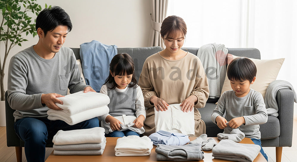 フリー素材 無料 写真｜リビングで洗濯物を家族みんなでたたむ日本人家族のランドリーシーン（表現7）