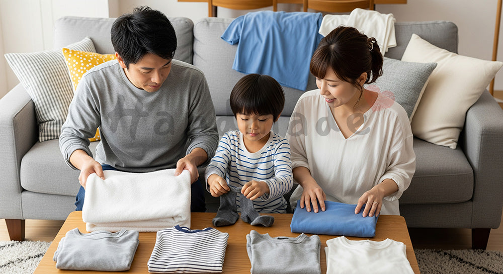 フリー素材 無料 写真｜リビングで洗濯物を家族みんなでたたむ日本人家族のランドリーシーン（表現4）