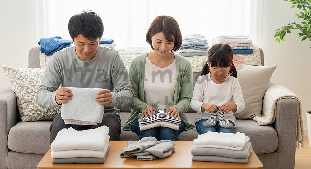 フリー素材 無料 写真｜リビングで洗濯物を家族みんなでたたむ日本人家族のランドリーシーン（表現2）