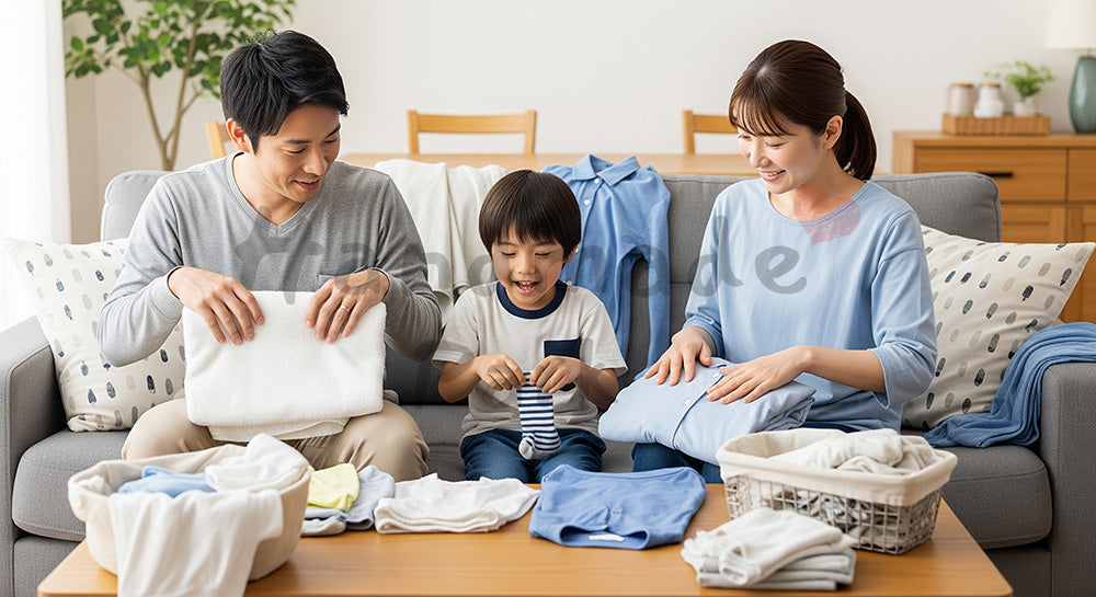 フリー素材 無料 写真｜リビングで洗濯物を家族みんなでたたむ日本人家族のランドリーシーン（表現1）