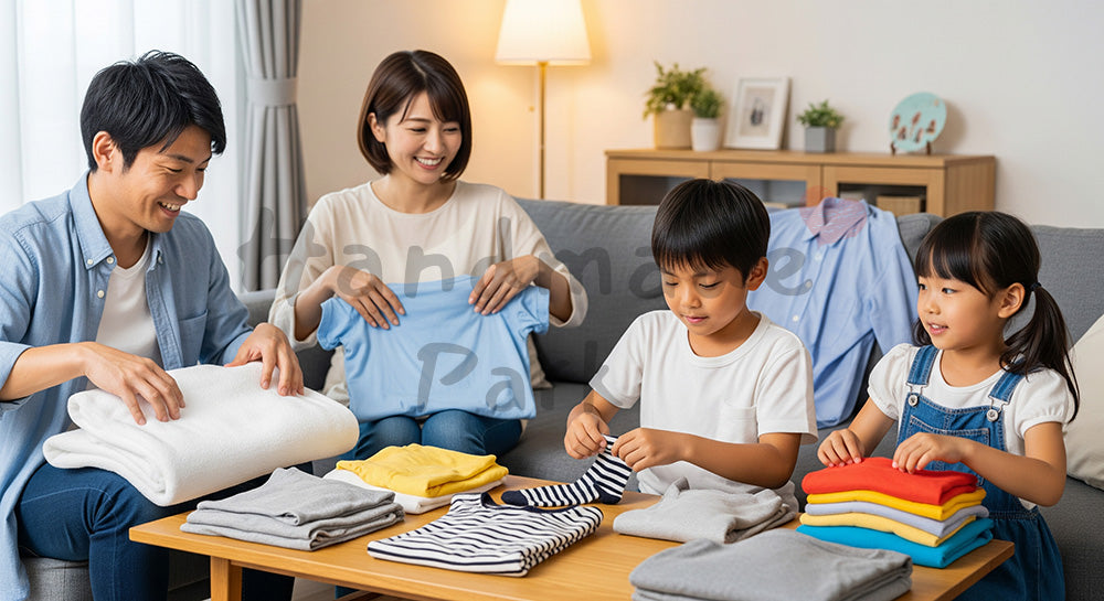 フリー素材 無料 写真｜リビングで洗濯物を家族みんなでたたむ日本人家族のランドリーシーン コピースペースあり