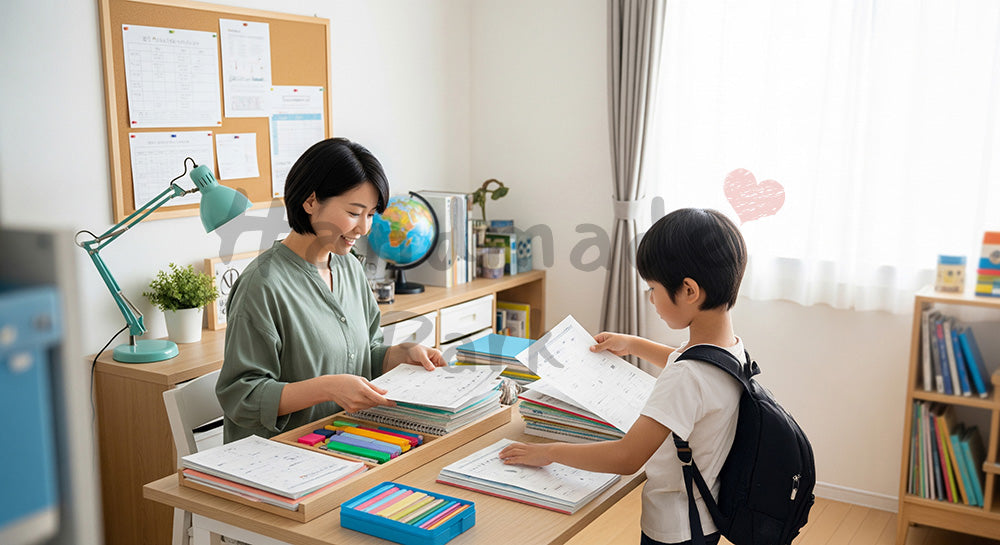 フリー素材 無料 写真|子ども部屋で学習机まわりのプリントを整理する日本人母子のシーン コピースペースあり