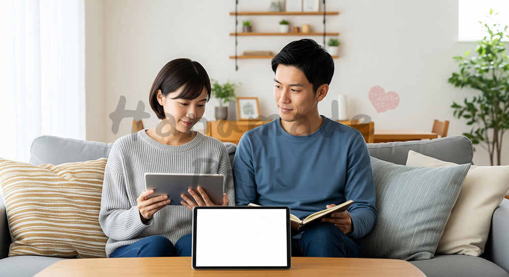 フリー素材 無料 写真｜ソファで家事分担表を見ながら話し合う日本人夫婦のライフスタイルシーン（表現5）