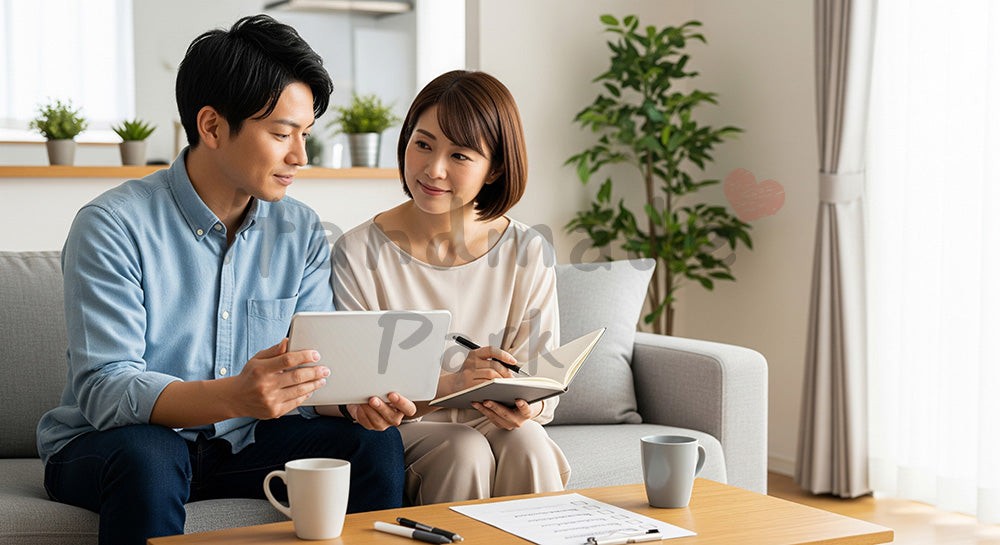 フリー素材 無料 写真｜ソファで家事分担表を見ながら話し合う日本人夫婦のライフスタイルシーン（表現4）