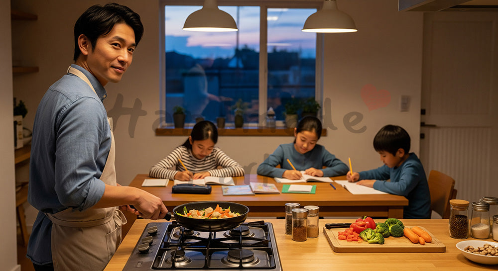 フリー素材 無料 写真｜キッチンで夕食を作りながらダイニングの子どもを見守る日本人父親（表現6）