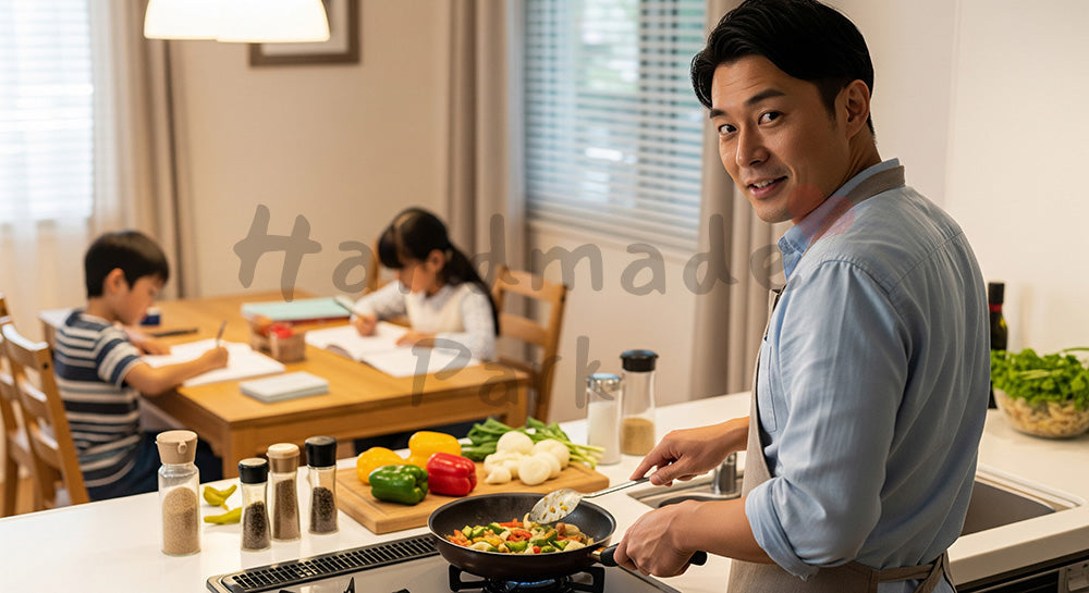 フリー素材 無料 写真｜キッチンで夕食を作りながらダイニングの子どもを見守る日本人父親（表現5）