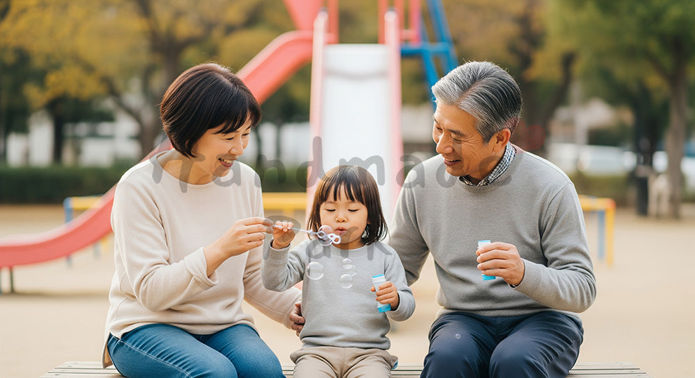 フリー素材 無料 写真｜公園のベンチで孫とシャボン玉遊びを楽しむ日本人祖父母の子育てサポート（表現7）