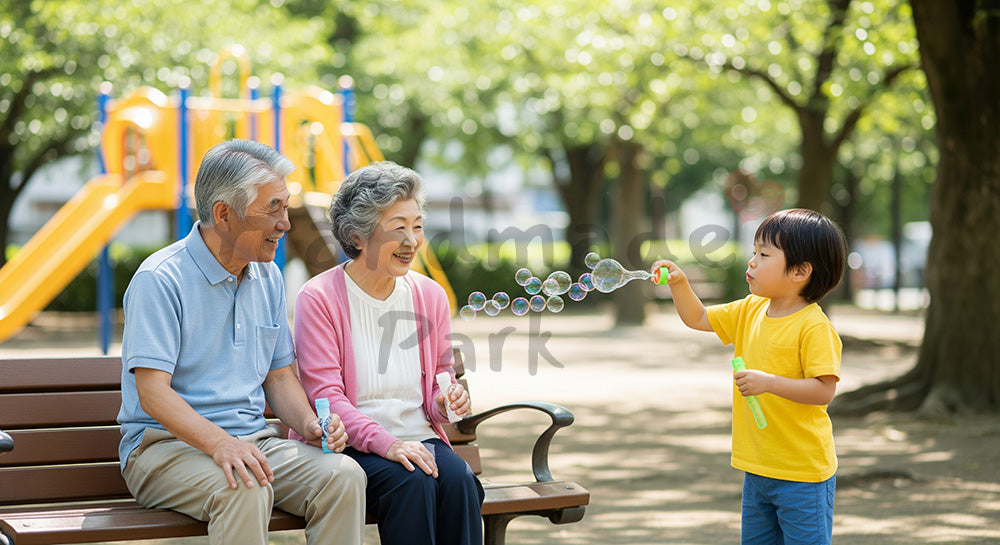 フリー素材 無料 写真｜公園のベンチで孫とシャボン玉遊びを楽しむ日本人祖父母の子育てサポート（表現4）