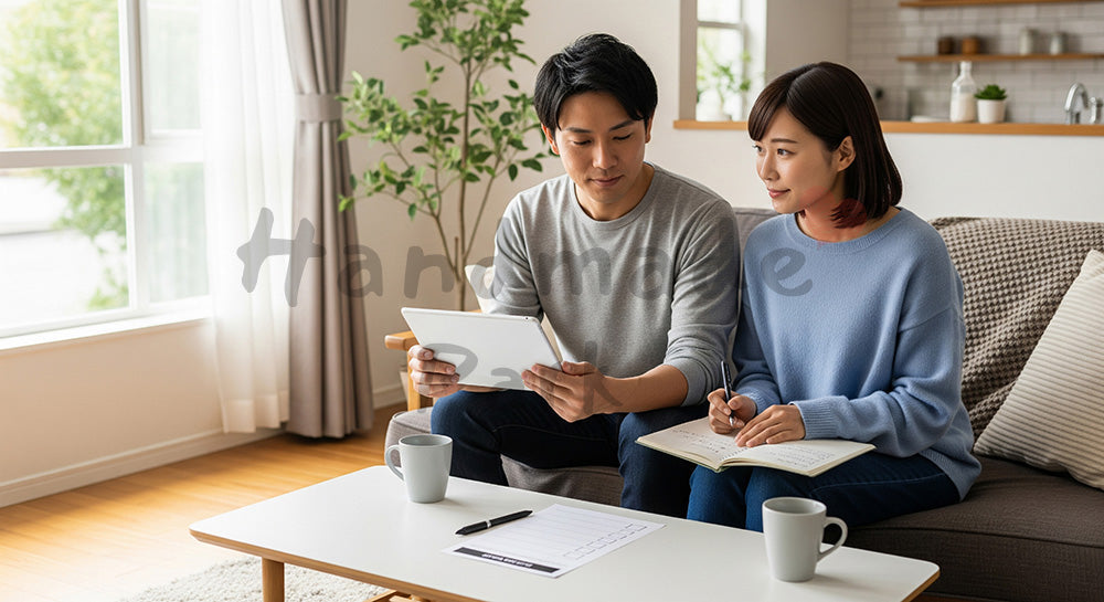 フリー素材 無料 写真｜ソファで家事分担表を見ながら話し合う日本人夫婦のライフスタイルシーン（表現3）