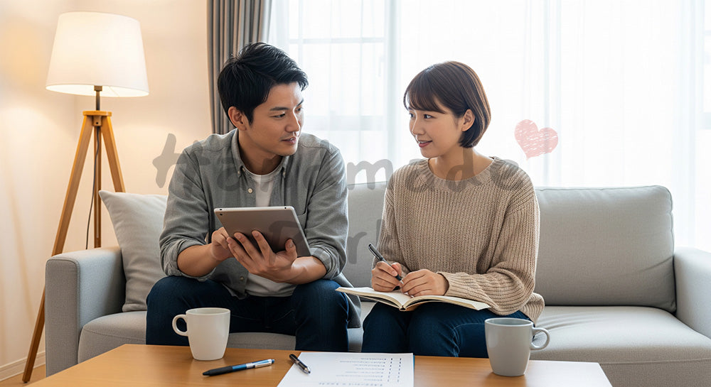 フリー素材 無料 写真｜ソファで家事分担表を見ながら話し合う日本人夫婦のライフスタイルシーン（表現2）