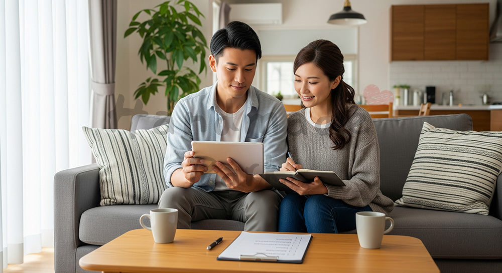 フリー素材 無料 写真｜ソファで家事分担表を見ながら話し合う日本人夫婦のライフスタイルシーン コピースペースあり