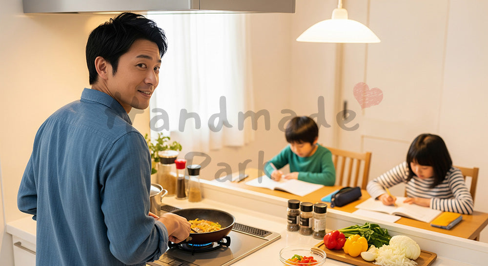 フリー素材 無料 写真｜キッチンで夕食を作りながらダイニングの子どもを見守る日本人父親（表現2）
