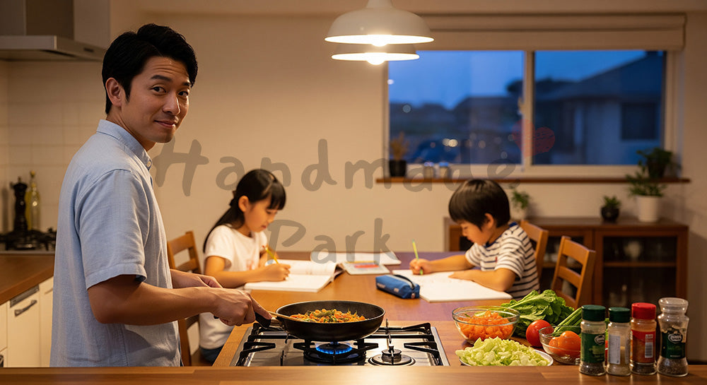フリー素材 無料 写真｜キッチンで夕食を作りながらダイニングの子どもを見守る日本人父親（表現1）