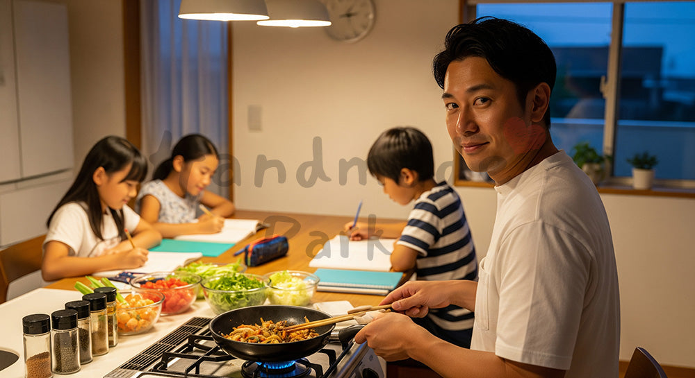 フリー素材 無料 写真｜キッチンで夕食を作りながらダイニングの子どもを見守る日本人父親 コピースペースあり
