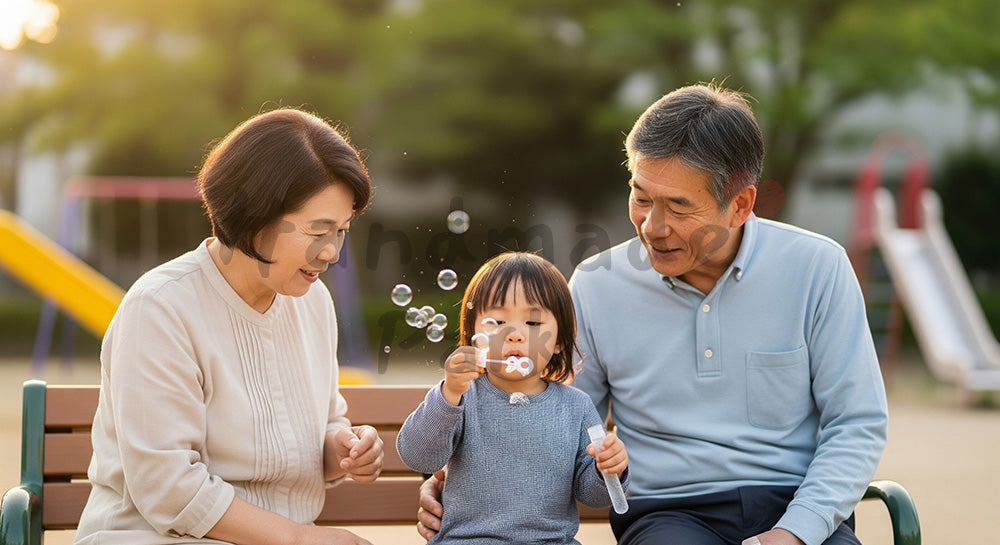 フリー素材 無料 写真｜公園のベンチで孫とシャボン玉遊びを楽しむ日本人祖父母の子育てサポート（表現3）