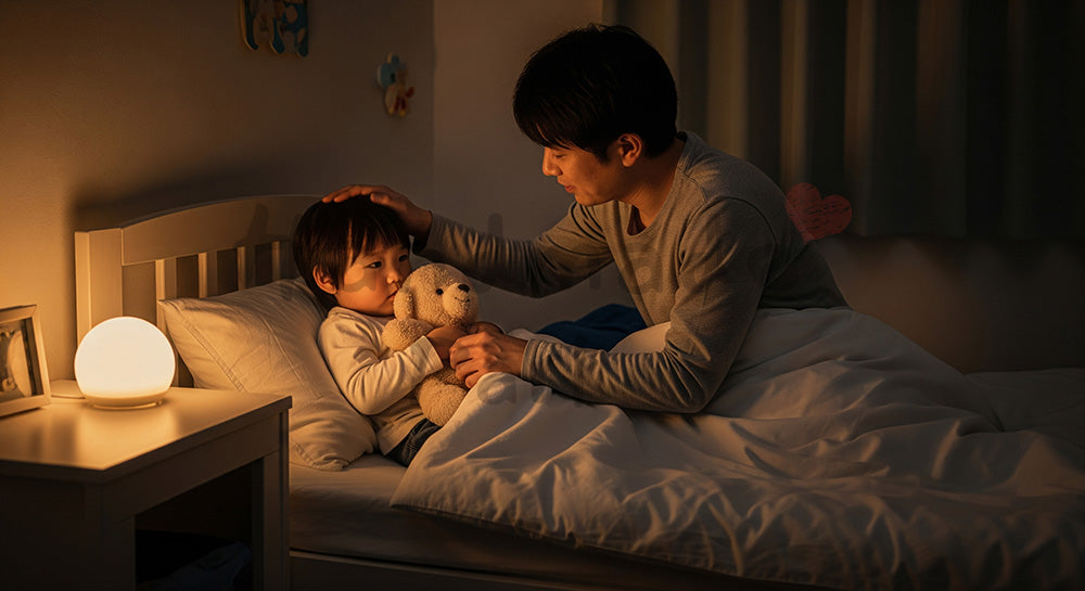 フリー素材 無料 写真｜子ども部屋で幼児をやさしく寝かしつける日本人親のナイトタイムシーン（表現1）