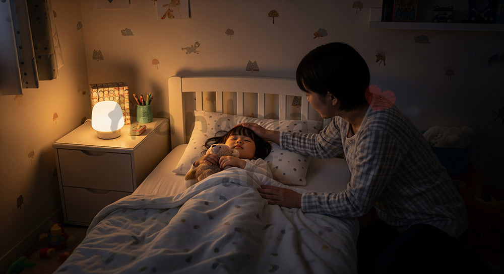 フリー素材 無料 写真｜子ども部屋で幼児をやさしく寝かしつける日本人親のナイトタイムシーン コピースペースあり