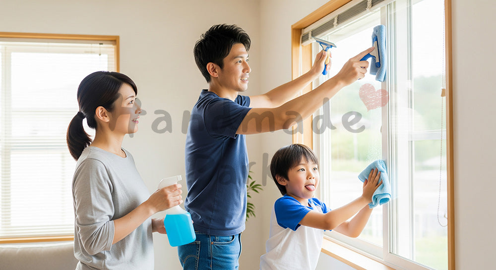 フリー素材 無料 写真｜窓ガラスを家族みんなで掃除する日本人家族の大掃除・日常掃除シーン（表現3）