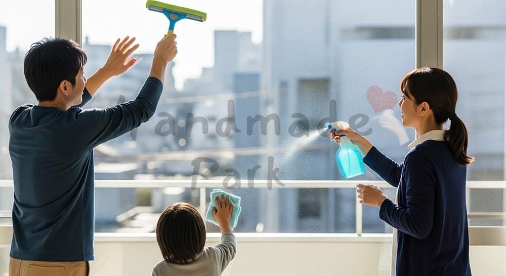 フリー素材 無料 写真｜窓ガラスを家族みんなで掃除する日本人家族の大掃除・日常掃除シーン コピースペースあり