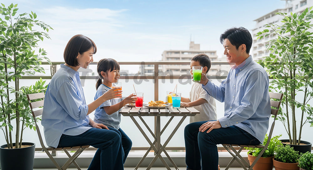 フリー素材 無料 写真｜バルコニーで飲み物とおやつを楽しむ日本人家族のくつろぎシーン（表現3）