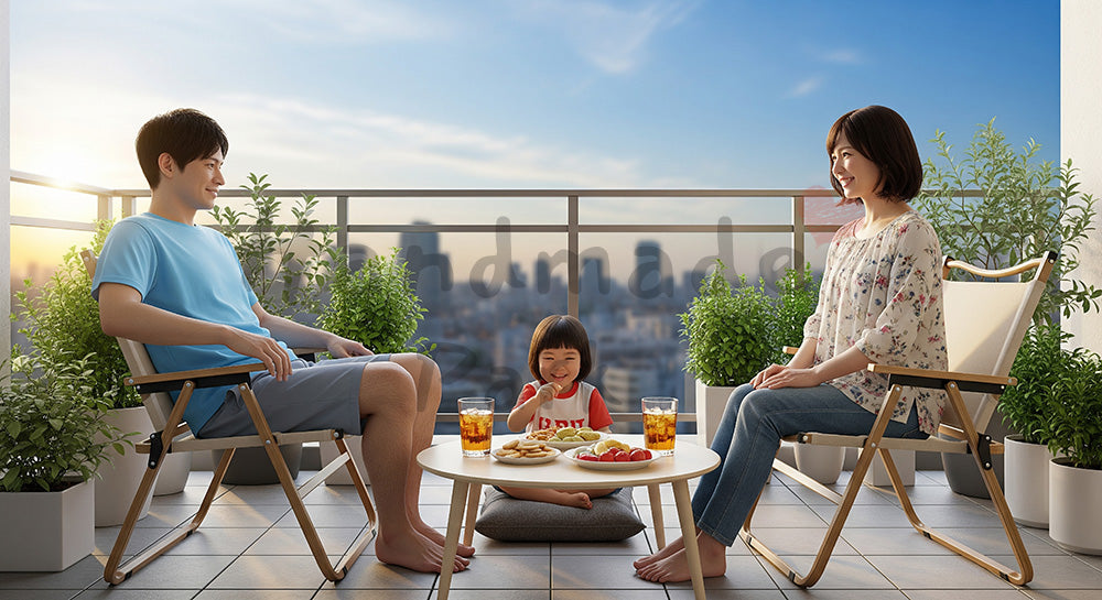 フリー素材 無料 写真｜バルコニーで飲み物とおやつを楽しむ日本人家族のくつろぎシーン（表現2）