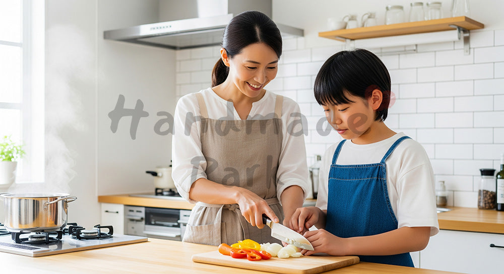 フリー素材 無料 写真｜キッチンで包丁の使い方を教えながら一緒に料理をする日本人母子（表現3）