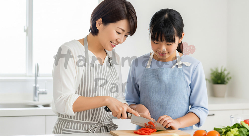 フリー素材 無料 写真｜キッチンで包丁の使い方を教えながら一緒に料理をする日本人母子（表現2）