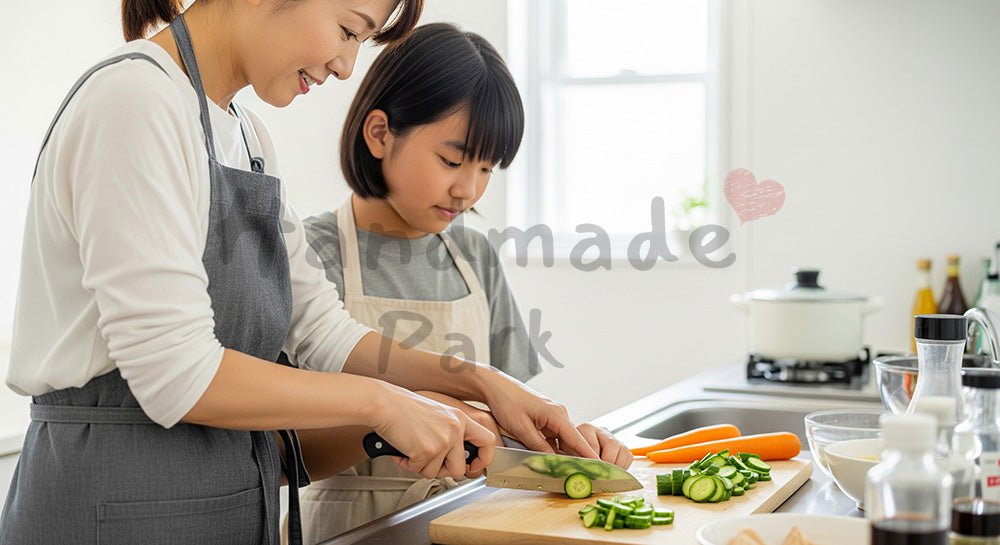 フリー素材 無料 写真｜キッチンで包丁の使い方を教えながら一緒に料理をする日本人母子（表現1）
