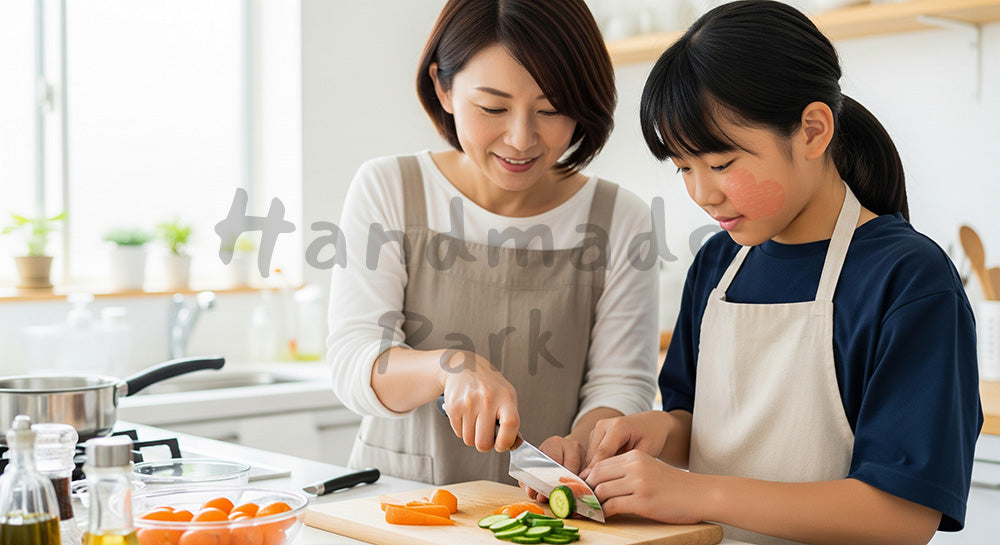 フリー素材 無料 写真｜キッチンで包丁の使い方を教えながら一緒に料理をする日本人母子 コピースペースあり