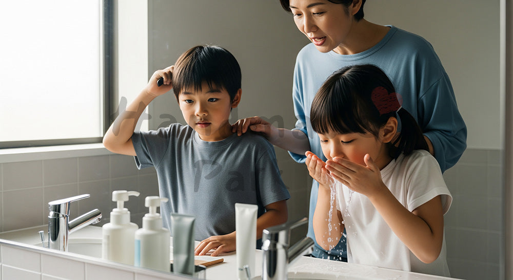 フリー素材 無料 写真｜背景素材朝の洗面所で身支度をする日本人きょうだいと声をかける親の慌ただしい時間 写真背景
