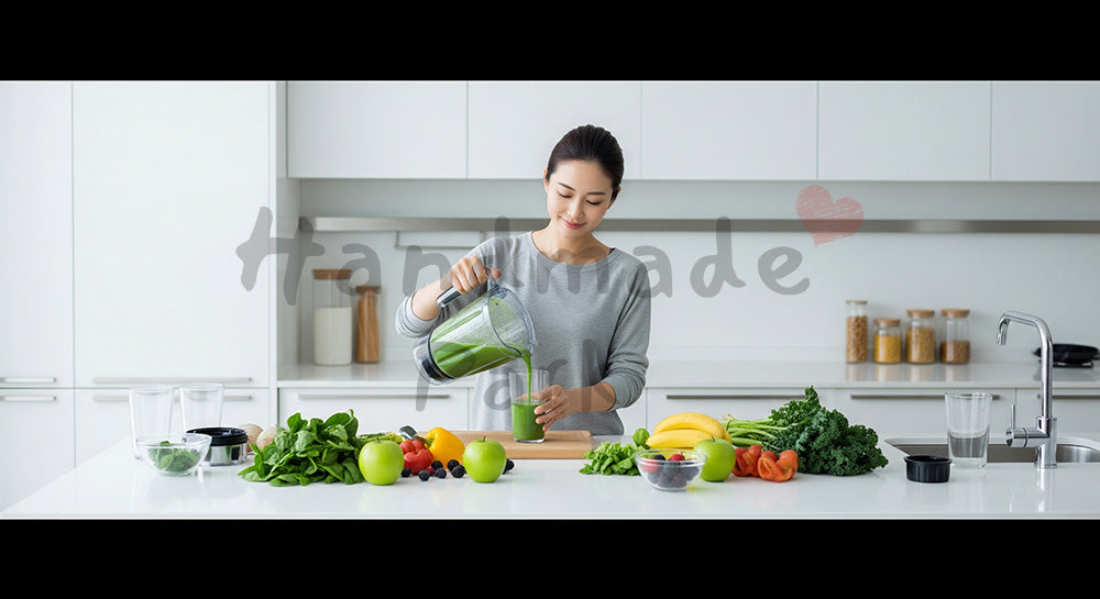 フリー素材 無料 写真｜キッチンでスムージーを作る日本人女性のヘルシーな生活（表現4）