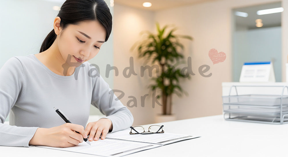 フリー素材 無料 写真｜健康診断の書類を書く日本人女性のヘルスケアシーン