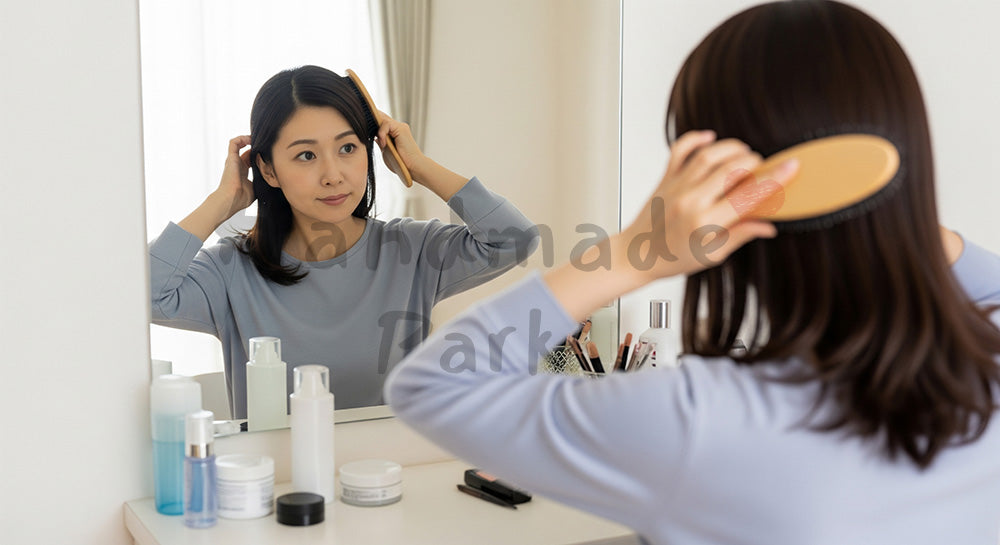 フリー素材 無料 写真｜鏡の前で髪を整える日本人女性のヘアケアシーン 写真背景
