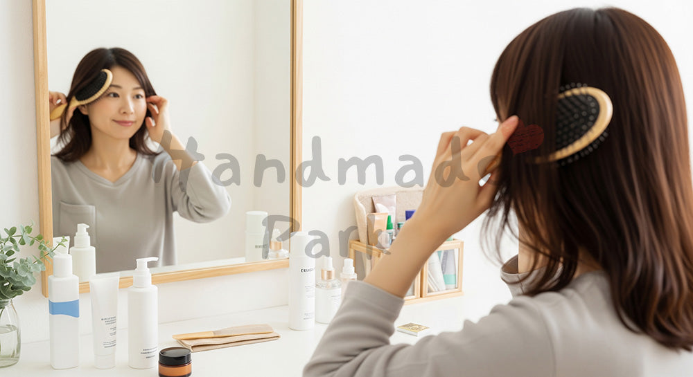 フリー素材 無料 写真｜鏡の前で髪を整える日本人女性のヘアケアシーン 背景素材