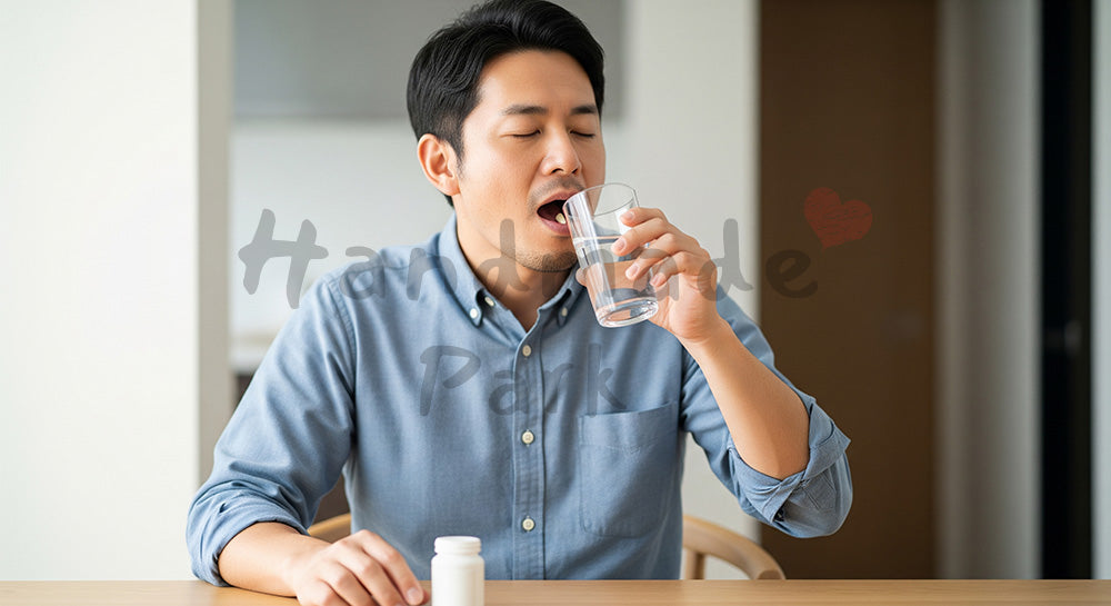 フリー素材 無料 写真｜サプリメントを飲む日本人男性のヘルスケア行動（表現3）