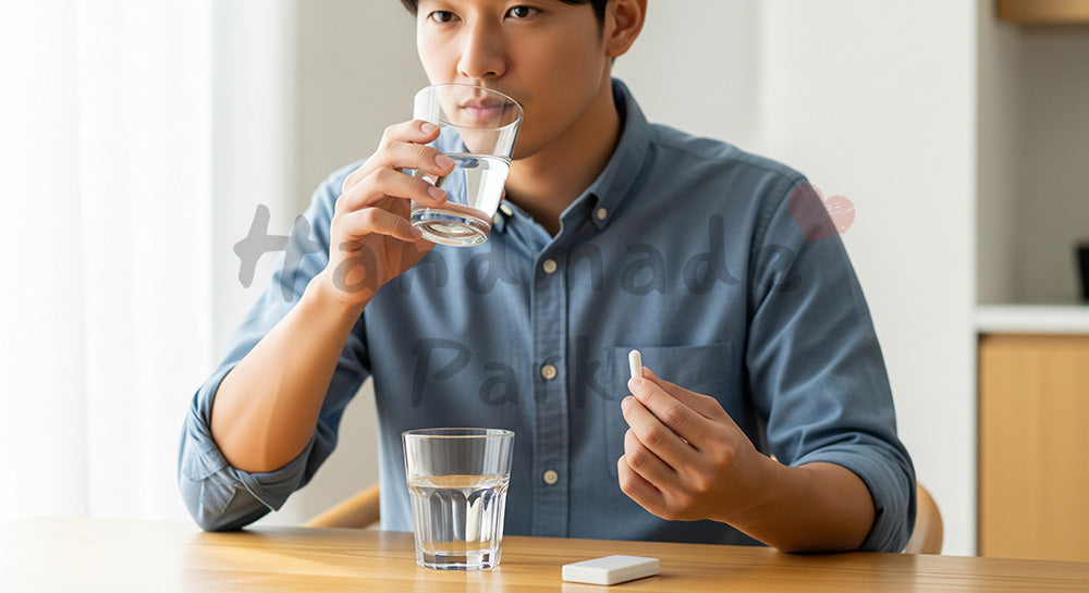 フリー素材 無料 写真｜サプリメントを飲む日本人男性のヘルスケア行動（表現1）