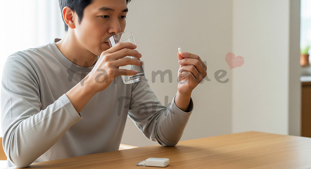 フリー素材 無料 写真｜サプリメントを飲む日本人男性のヘルスケア行動 コピースペースあり