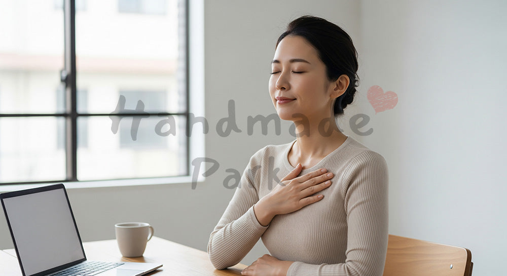 フリー素材 無料 写真｜深呼吸で気持ちを整える日本人女性のメンタルケアシーン（表現3）