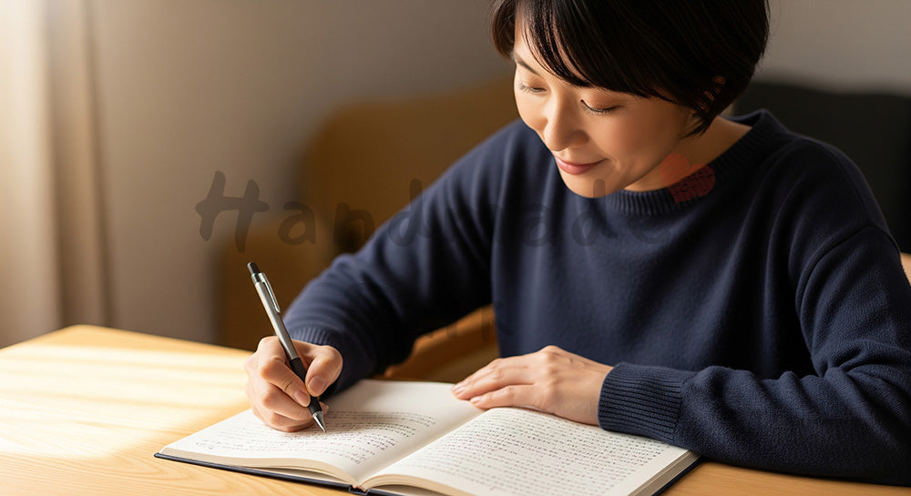 フリー素材 無料 写真｜ジャーナリングで気持ちを整える日本人女性の筆記シーン（表現2）