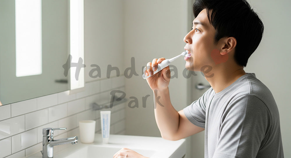 フリー素材 無料 写真｜朝の洗面所で電動歯ブラシを使う日本人男性のヘルスケアシーン（表現3）