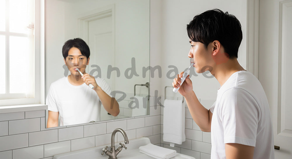 フリー素材 無料 写真｜朝の洗面所で電動歯ブラシを使う日本人男性のヘルスケアシーン コピースペースあり
