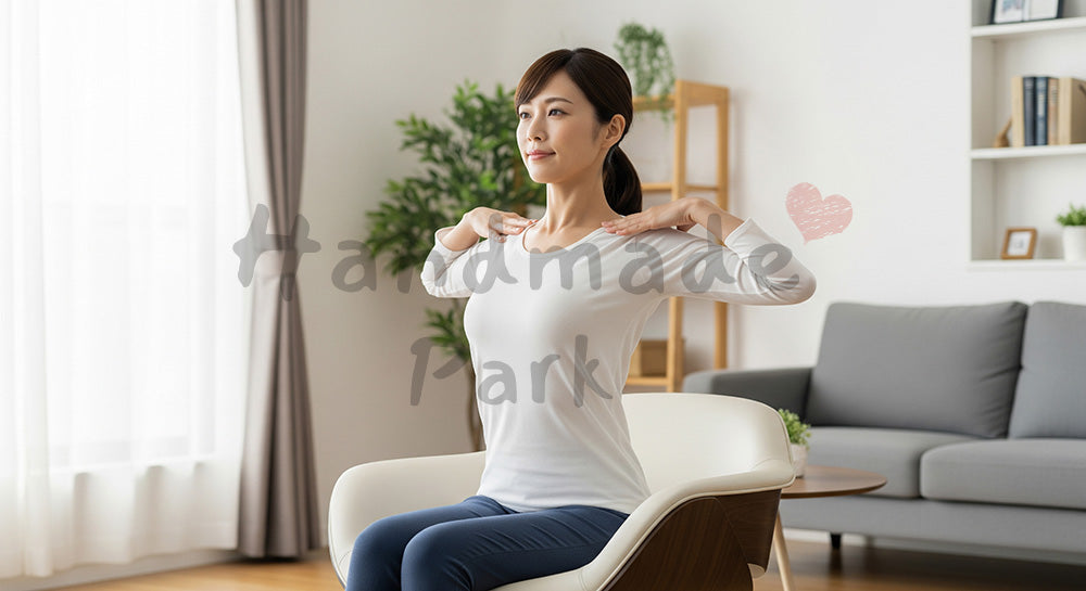 フリー素材 無料 写真｜姿勢改善ストレッチをする日本人女性のセルフケア 写真背景