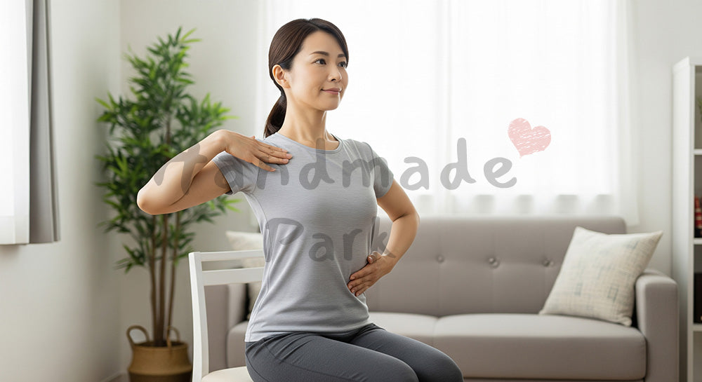 フリー素材 無料 写真｜姿勢改善ストレッチをする日本人女性のセルフケア 背景素材