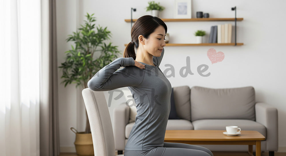 フリー素材 無料 写真｜姿勢改善ストレッチをする日本人女性のセルフケア