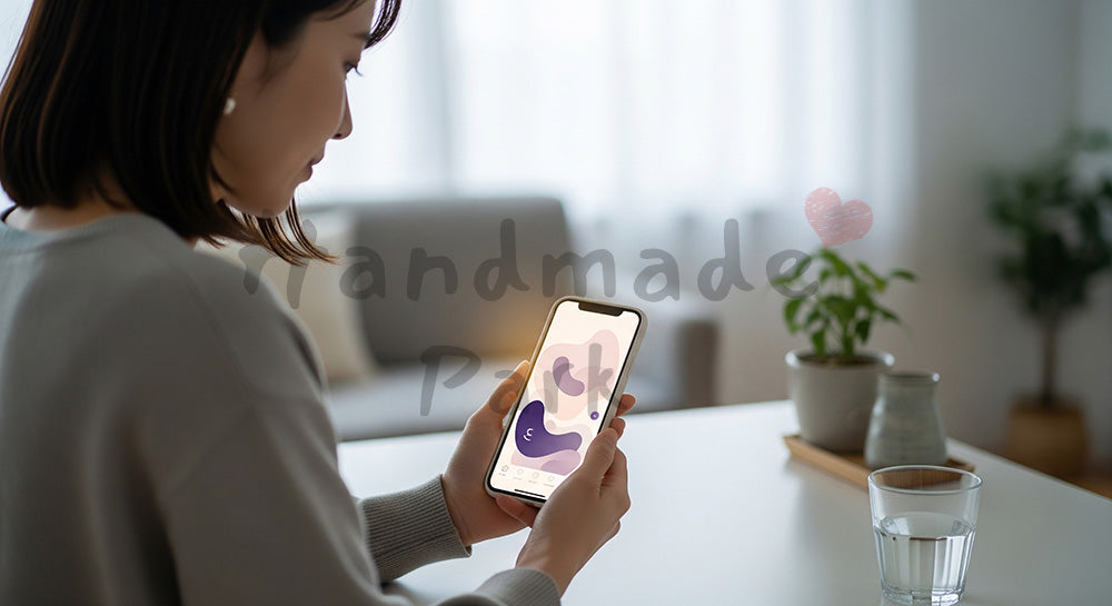 フリー素材 無料 写真｜睡眠アプリを確認する日本人女性の健康管理シーン（表現2）