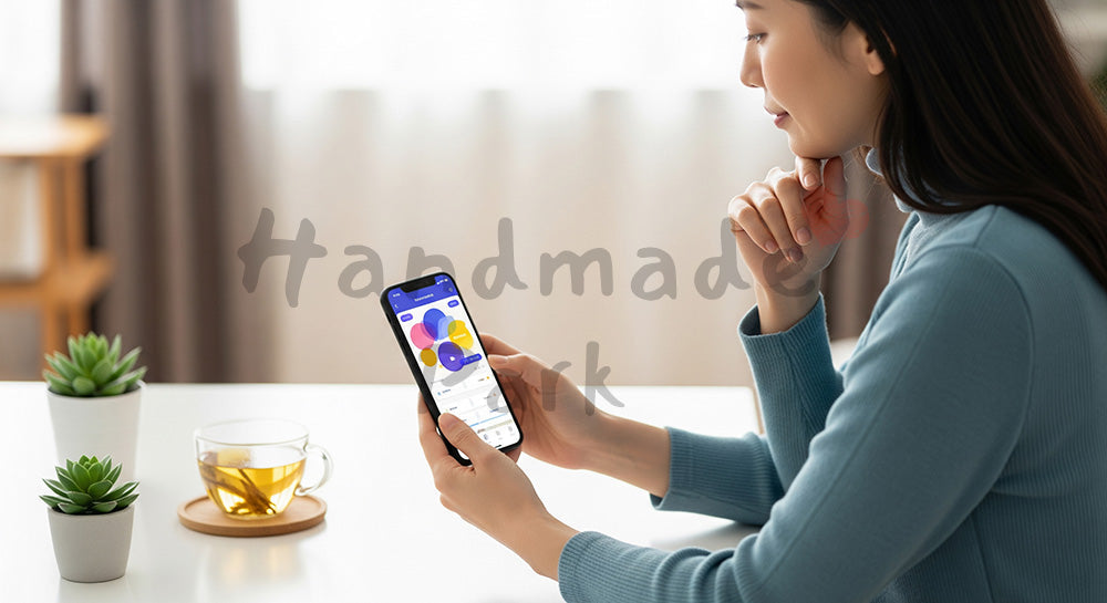 フリー素材 無料 写真｜睡眠アプリを確認する日本人女性の健康管理シーン（表現1）