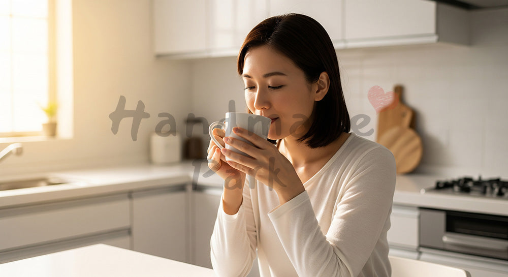 フリー素材 無料 写真｜白湯を飲んで体を整える日本人女性の朝習慣（表現3）