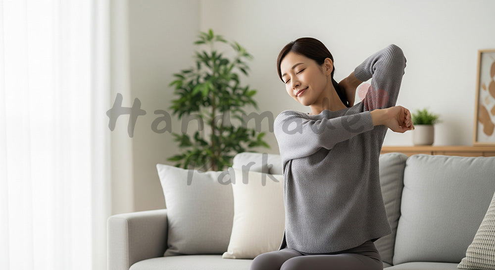 フリー素材 無料 写真｜ソファで肩ストレッチをする日本人女性（表現3）