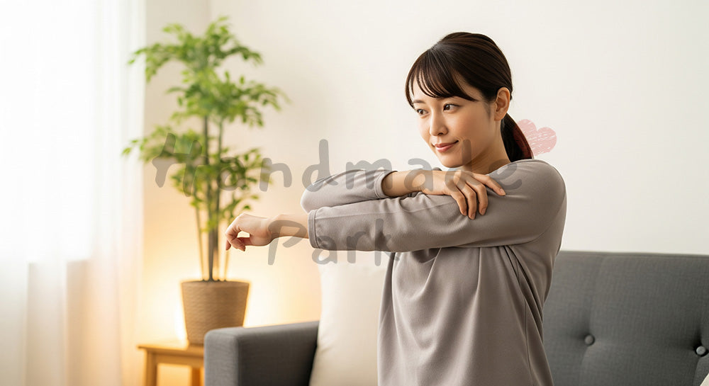 フリー素材 無料 写真｜ソファで肩ストレッチをする日本人女性（表現1）